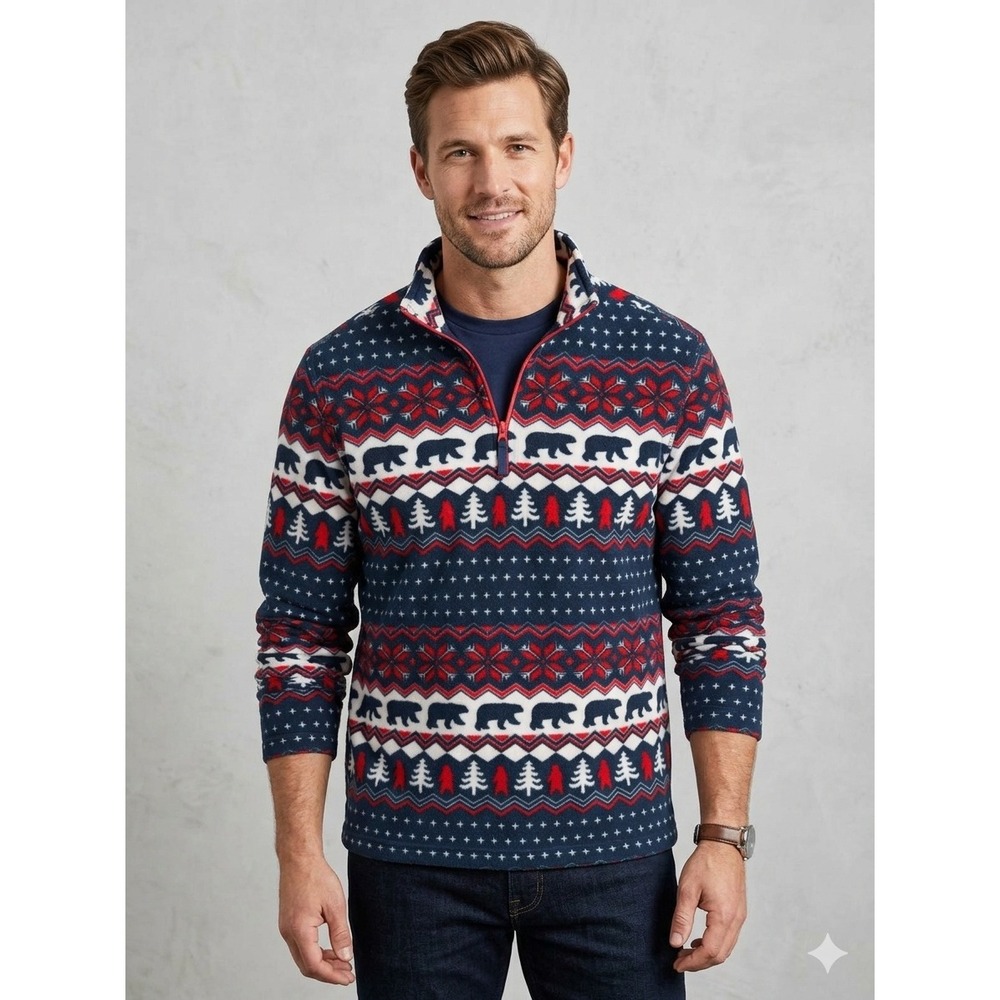 Chubbies Men Fleece Quarter Zip Pullover Bear Fair Isle Navy Red White THD190111